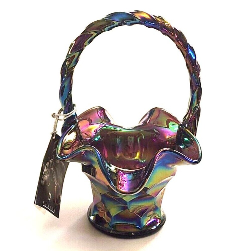 Fenton Carnival Glass Purple Ruffled Hand Painted Floral Basket